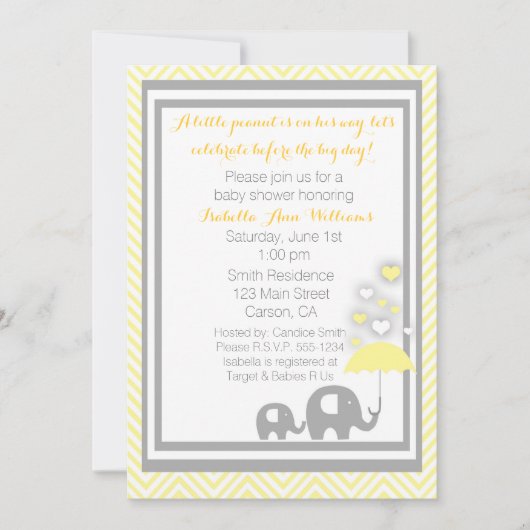 Invitation Jaune et gris d'invitation de baby shower (Devant)
