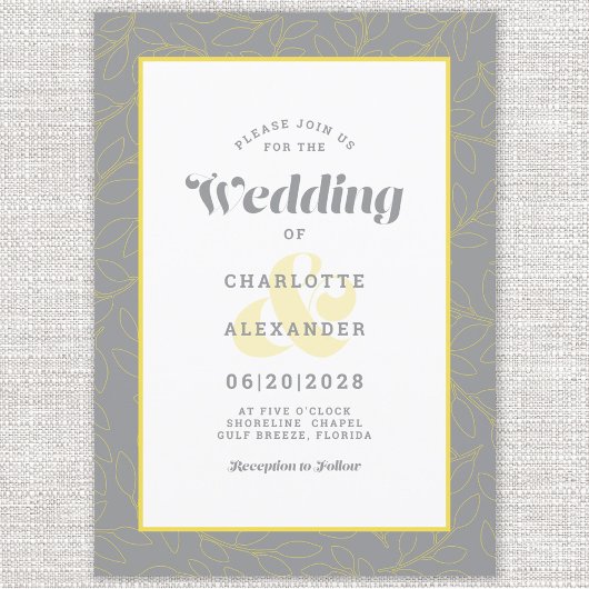 Invitation Jaune et gris | Motif Feuille Abstrait moderne