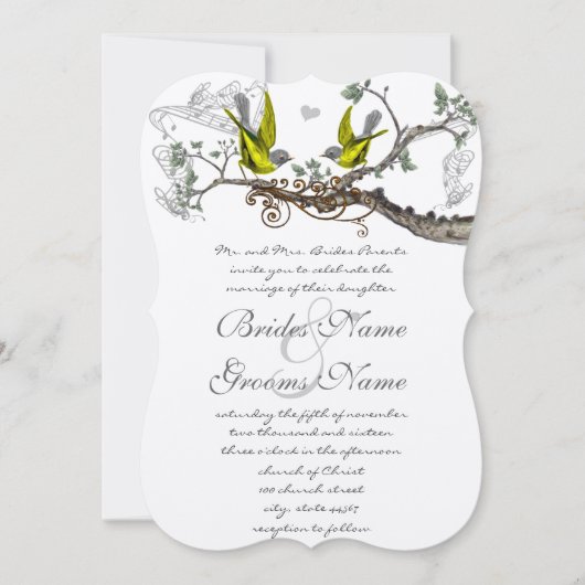 Invitation Jaune et Gris Oiseaux Vintages Mariage Inviter (Devant)