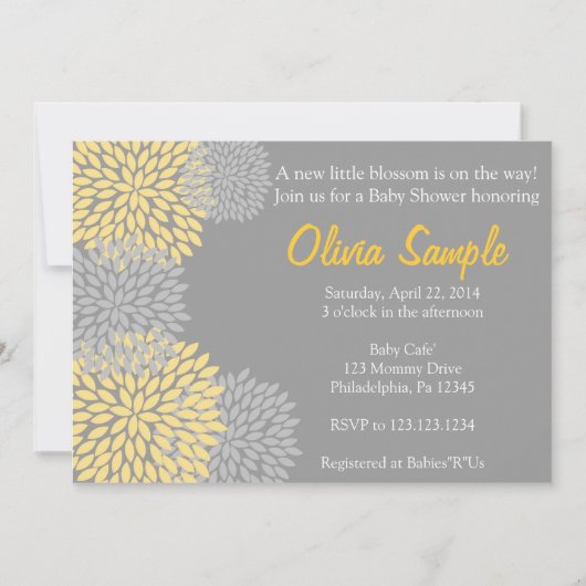 Invitation jaune et grise de baby shower de dahlia (Devant)