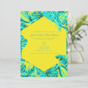 Invitation Jaune et turquoise mariage tropical aux feuilles d