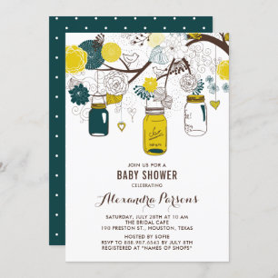Invitation Jaune et Turquoise Mason Jars   Baby shower floral