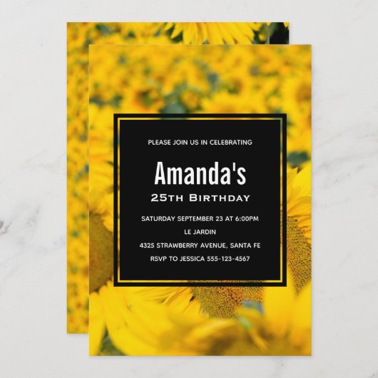 Invitation Jaune Fleur de soleil Anniversaire (Devant / Derrière)
