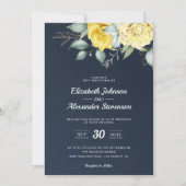 Invitation Jaune fleurie classe verdure bleu marine mariage (Devant)