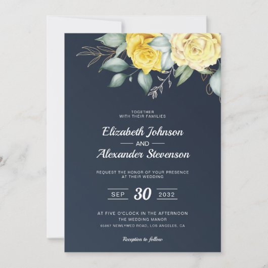 Invitation Jaune fleurie classe verdure bleu marine mariage (Devant)