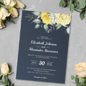 Invitation Jaune fleurie classe verdure bleu marine mariage