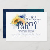 Invitation Jaune Fleurs de soleil Elégante Marine Bleue Anniv (Devant / Derrière)