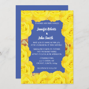 Invitation Jaune Floral Bleu Vintage Rose QR Code Mariage
