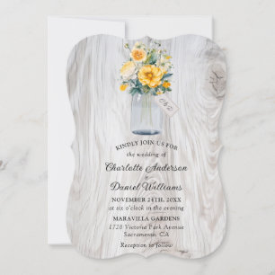 Invitation Jaune Floral Bois Mason Jar Mariage
