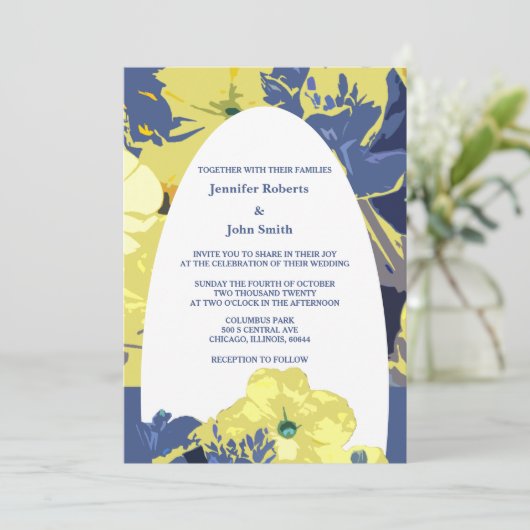 Invitation Jaune Floral Dusty Bleu Personnalisé Arc Mariage (Debout devant)