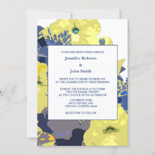 Invitation Jaune Floral Feuille Blanc Bleu Personnalisé Maria