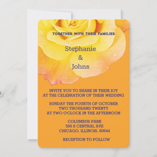 Invitation Jaune Floral Orange Rose Marine Bleu Boho Mariage (Devant)