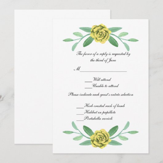 Invitation Jaune Floral Vert Feuillage Mariage Réponse (Devant / Derrière)