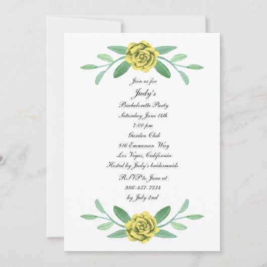 Invitation Jaune Floral Vert Foliage Bachelorette Party (Devant)