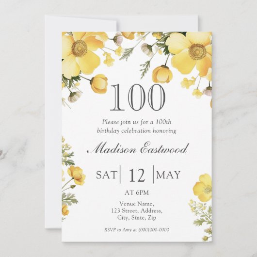 Invitation Jaune Florale 100e Anniversaire (Devant)