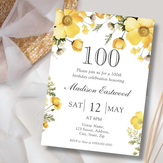 Invitation Jaune Florale 100e Anniversaire