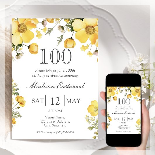 Invitation Jaune Florale 100e Anniversaire