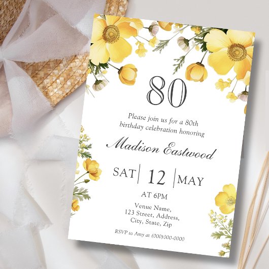 Invitation Jaune Florale 80e anniversaire