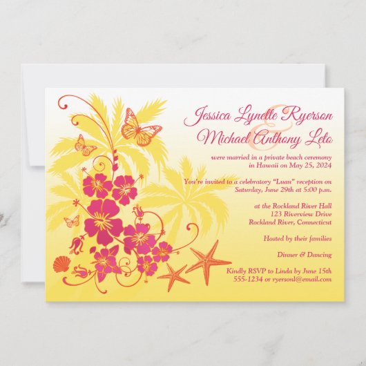 Invitation Jaune, Fuchsia, Mariage tropical orange (Devant)