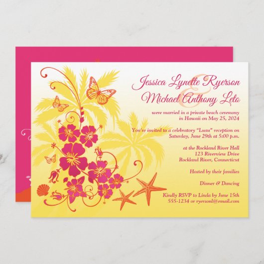 Invitation Jaune, Fuchsia, Mariage tropical orange (Devant / Derrière)