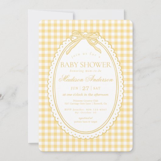 Invitation Jaune Gingham Coquette Noeud Baby Shower (Devant)