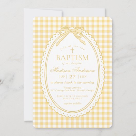 Invitation Jaune Gingham Coquette Noeud Baptême (Devant)