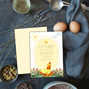 Invitation Jaune Gingham Fleurs de Campagne Baby Shower Poule