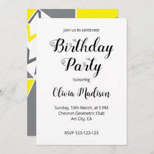 Invitation Jaune Grey Chevron Géométrique fête d'anniversaire