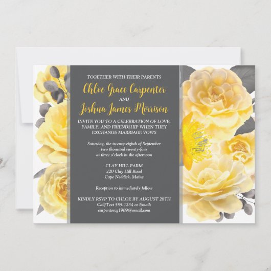 Invitation Jaune, Gris, Blanc Aquarelle Fleurs Mariage (Devant)