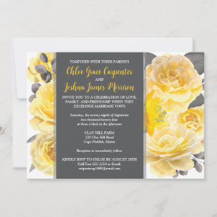 Invitation Jaune, Gris, Blanc Aquarelle Fleurs Mariage
