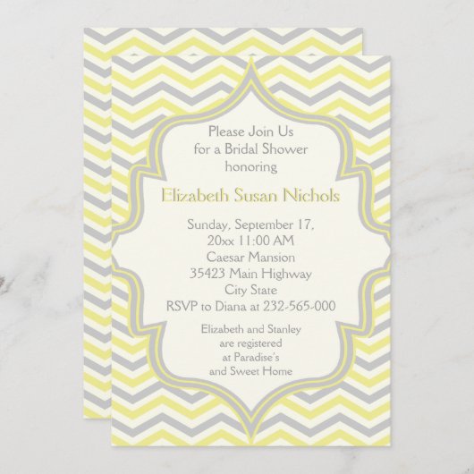 Invitation Jaune gris chevron zigzag mariage douche nuptiale (Devant / Derrière)