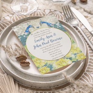 Invitation Jaune Gris et Bleu Vintage Mariage Paon