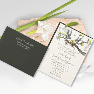 Invitation Jaune & Gris Oiseaux de l'Amour Mariage Vintage