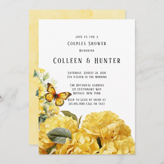 Invitation Jaune Hydrangea Butterfly Couples Douche (Devant / Derrière)