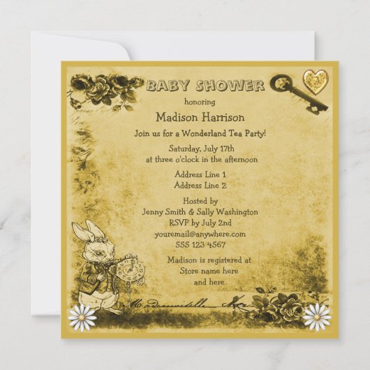 Invitation Jaune Mad Hatter Wonderland Tea Party Baby shower (Dos)