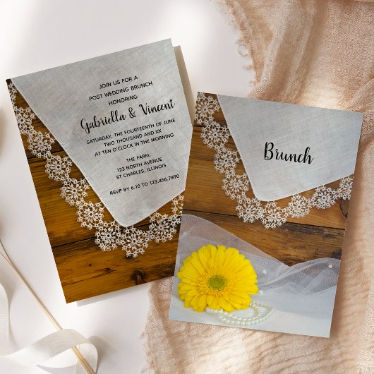 Invitation Jaune Marguerite et Dentelle Country Post Mariage 