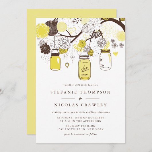 Invitation Jaune Mariage Mason Jars (Devant / Derrière)
