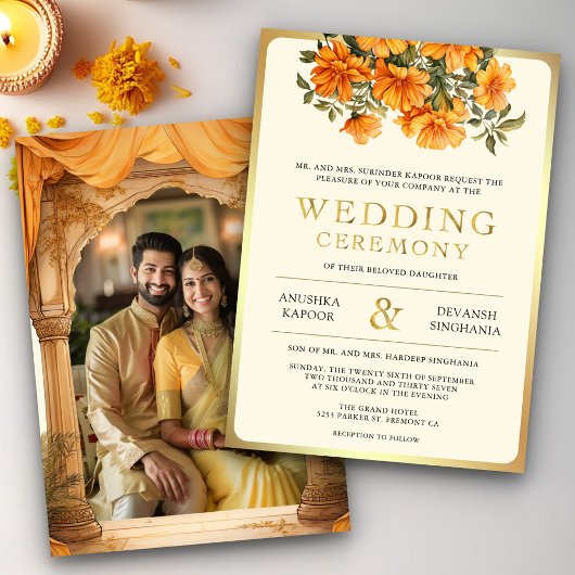 Invitation Jaune Marigold Floral Sud Indien Photo Mariage