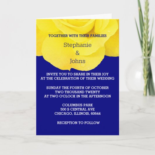 Invitation Jaune Marine bleu Floral Rose Classé Mariage (Devant)