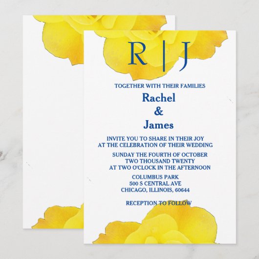 Invitation Jaune Marine Bleu Floral Rose Élégant Mariage Cool (Devant / Derrière)