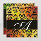 Invitation JAUNE MARRON ROUGE NOIR DAMAS MONOGRAMME, blanc (Devant / Derrière)