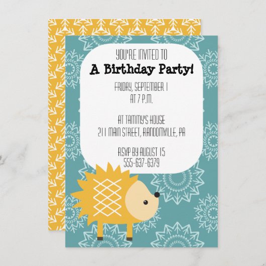 Invitation jaune mignonne de partie de hérisson (Devant / Derrière)