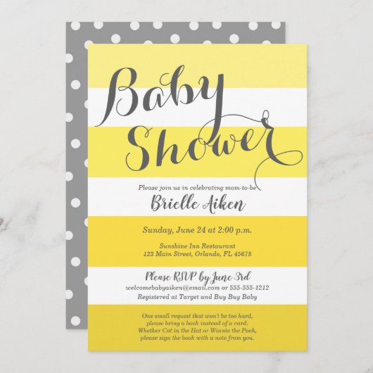 Invitation Jaune moderne et gris barrés (Devant / Derrière)