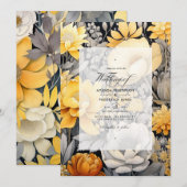 Invitation Jaune Moutarde et Fleurs de Mariage Gris Clair (Devant / Derrière)