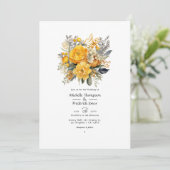 Invitation Jaune Moutarde et Fleurs de Mariage Gris Clair (Debout devant)