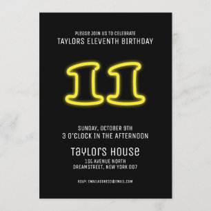 Invitation Jaune néon signe 11ème fête d'anniversaire branché