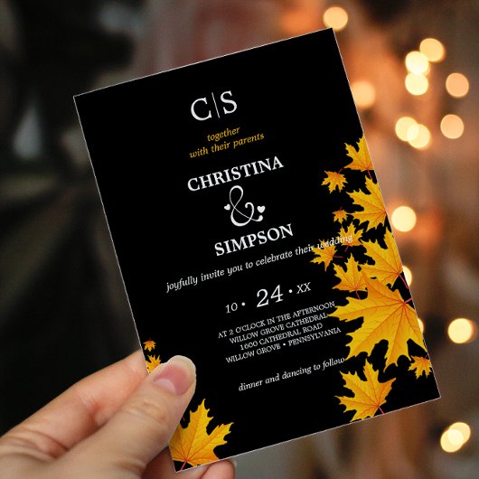 Invitation Jaune & Noir Classic feuilles d'automne mariage