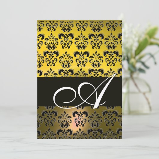 Invitation JAUNE NOIR DAMAS MONOGRAMME, blanc brillant (Debout devant)