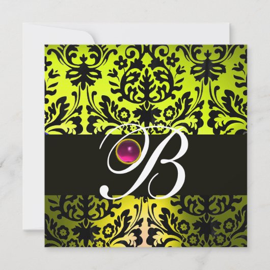 Invitation JAUNE NOIR DAMAS MONOGRAMME ROSE POURPRE Améthyste (Devant)