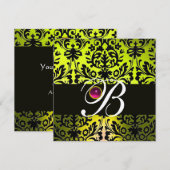 Invitation JAUNE NOIR DAMAS MONOGRAMME ROSE POURPRE Améthyste (Devant / Derrière)